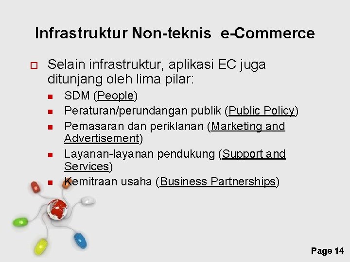 Infrastruktur Non-teknis e-Commerce Selain infrastruktur, aplikasi EC juga ditunjang oleh lima pilar: SDM (People)