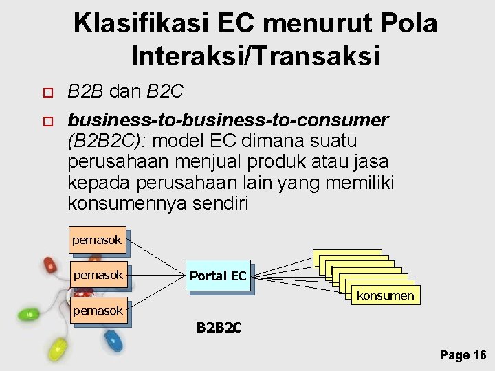 Klasifikasi EC menurut Pola Interaksi/Transaksi B 2 B dan B 2 C business-to-consumer (B
