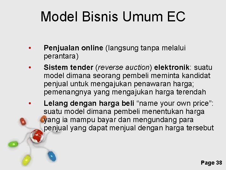 Model Bisnis Umum EC • Penjualan online (langsung tanpa melalui perantara) • Sistem tender