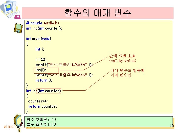 함수의 매개 변수 #include <stdio. h> int inc(int counter); int main(void) { int i;