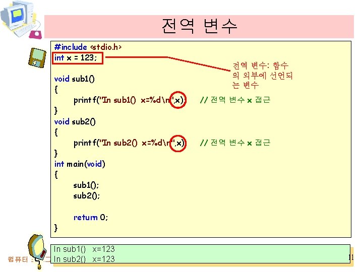 전역 변수 #include <stdio. h> int x = 123; 전역 변수: 함수 의 외부에