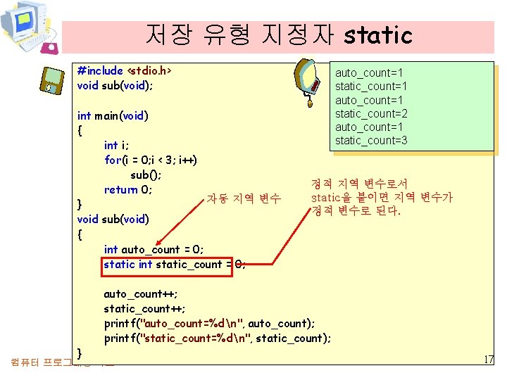 저장 유형 지정자 static #include <stdio. h> void sub(void); int main(void) { int i;