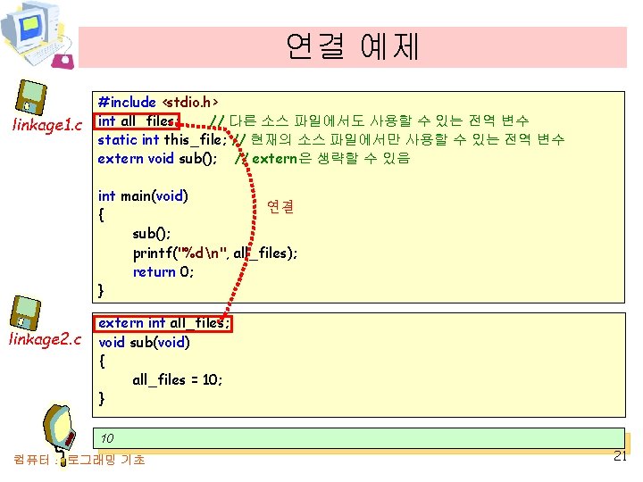 연결 예제 linkage 1. c #include <stdio. h> int all_files; // 다른 소스 파일에서도