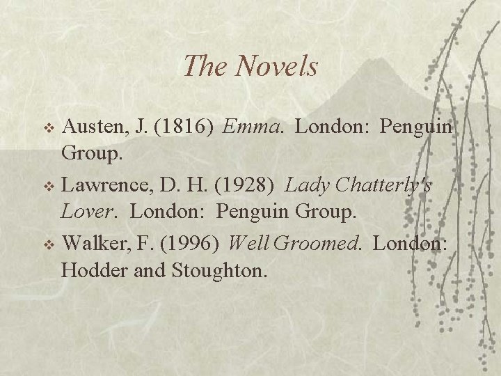 The Novels Austen, J. (1816) Emma. London: Penguin Group. v Lawrence, D. H. (1928)