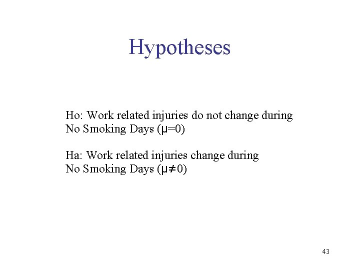 Hypotheses Ho: Work related injuries do not change during No Smoking Days (μ=0) Ha: