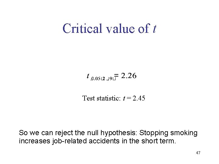 Critical value of t Test statistic: t = 2. 45 So we can reject