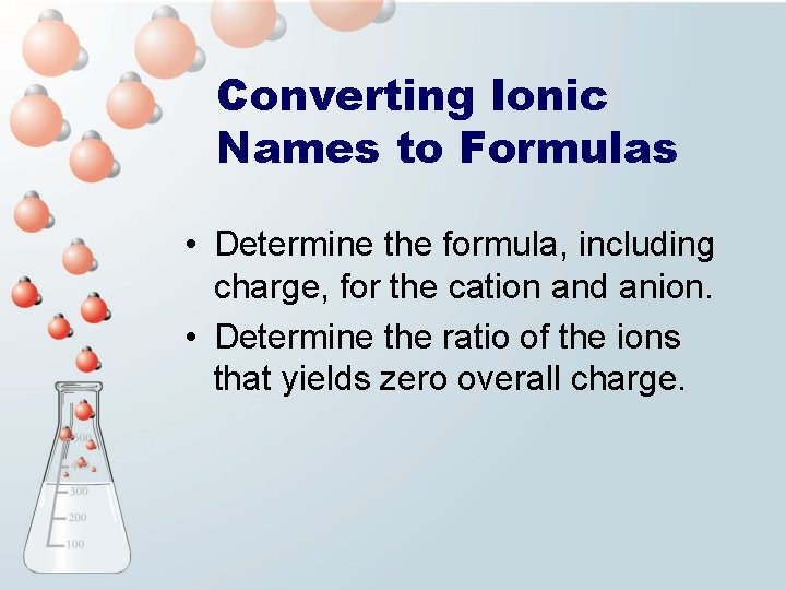 Converting Ionic Names to Formulas • Determine the formula, including charge, for the cation