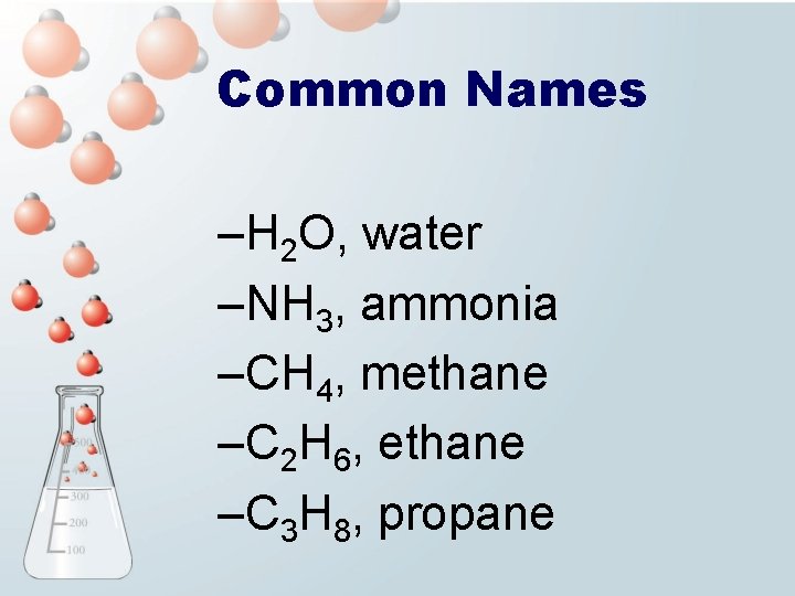Common Names –H 2 O, water –NH 3, ammonia –CH 4, methane –C 2
