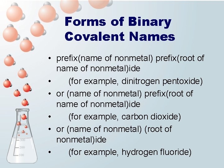 Forms of Binary Covalent Names • prefix(name of nonmetal) prefix(root of name of nonmetal)ide