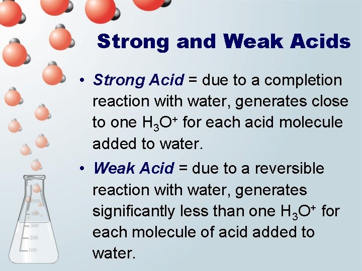 Strong and Weak Acids • Strong Acid = due to a completion reaction with