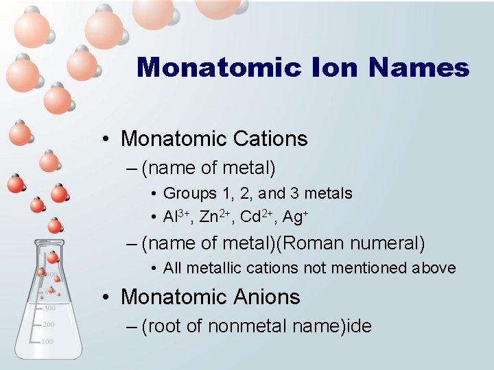 Monatomic Ion Names • Monatomic Cations – (name of metal) • Groups 1, 2,