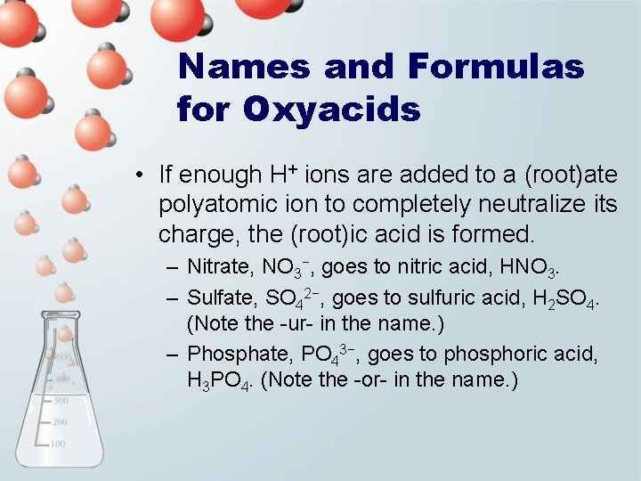 Names and Formulas for Oxyacids • If enough H+ ions are added to a