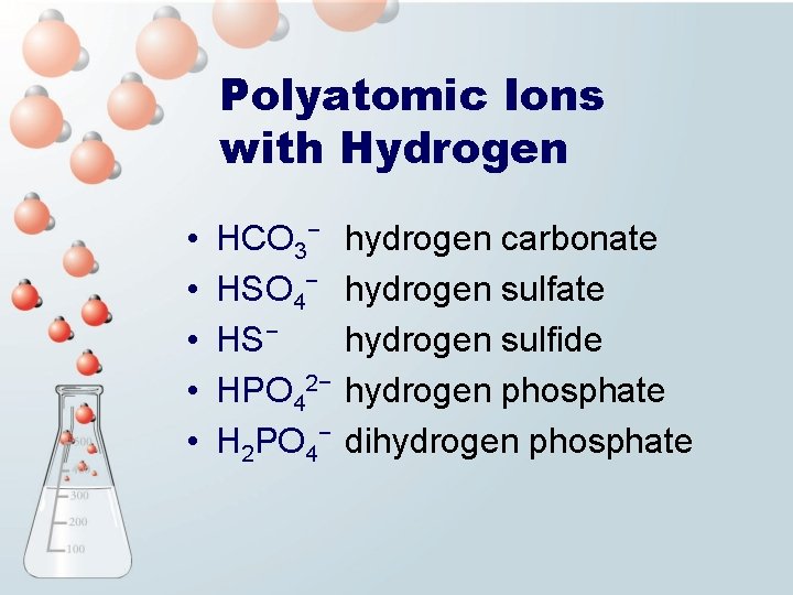 Polyatomic Ions with Hydrogen • • • HCO 3− HSO 4− HS− HPO 42−