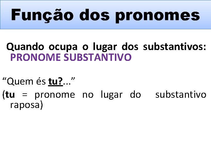 Função dos pronomes Quando ocupa o lugar dos substantivos: PRONOME SUBSTANTIVO “Quem és tu?