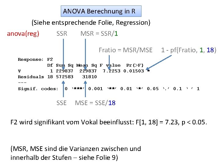ANOVA Berechnung in R (Siehe entsprechende Folie, Regression) MSR = SSR/1 SSR anova(reg) Fratio