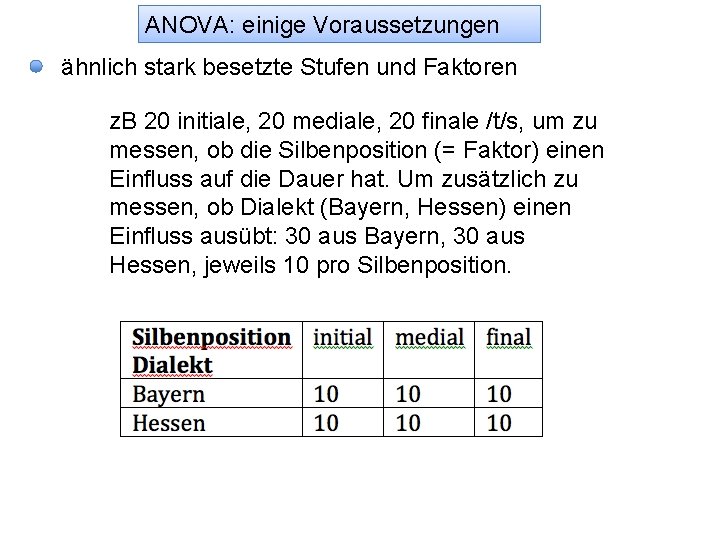 ANOVA: einige Voraussetzungen ähnlich stark besetzte Stufen und Faktoren z. B 20 initiale, 20