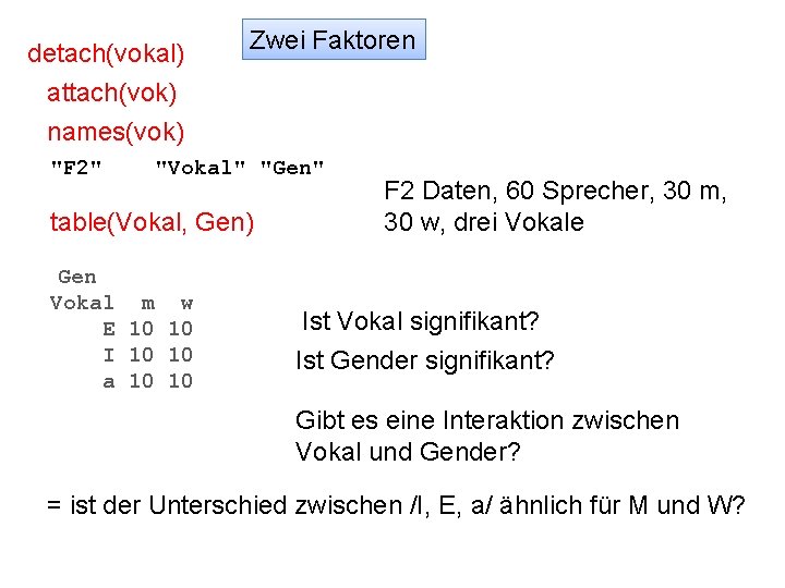 detach(vokal) attach(vok) Zwei Faktoren names(vok) "F 2" "Vokal" "Gen" table(Vokal, Gen) Gen Vokal m