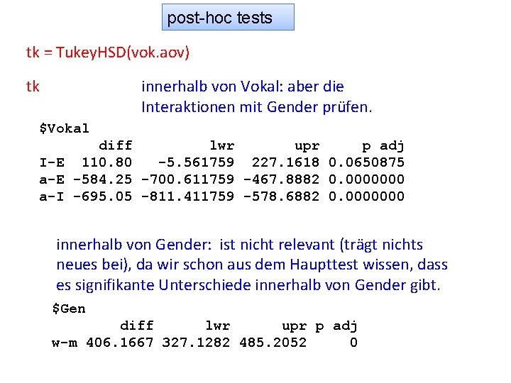 post-hoc tests tk = Tukey. HSD(vok. aov) tk innerhalb von Vokal: aber die Interaktionen