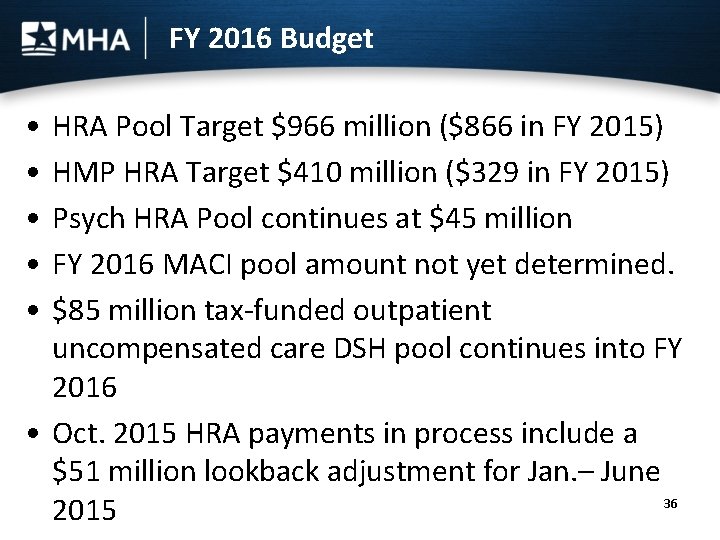 FY 2016 Budget • • • HRA Pool Target $966 million ($866 in FY