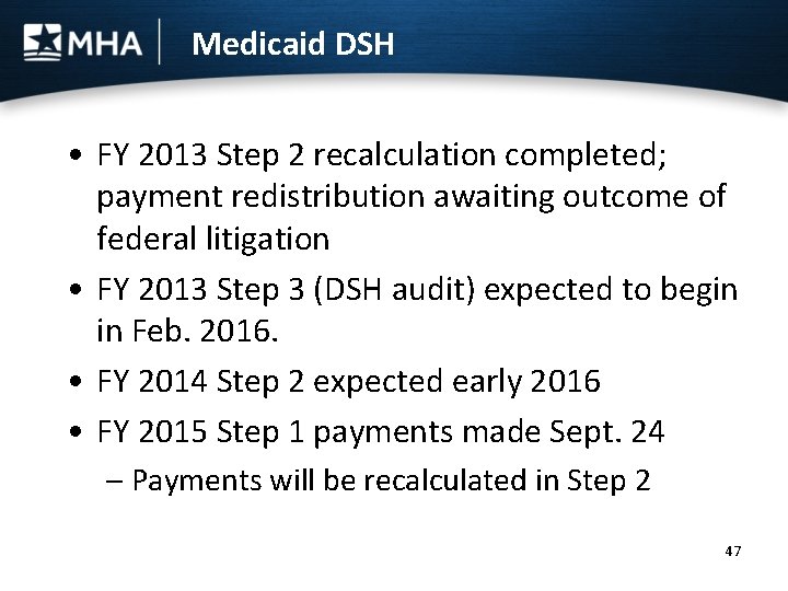 Medicaid DSH • FY 2013 Step 2 recalculation completed; payment redistribution awaiting outcome of