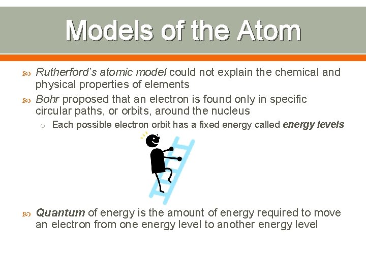 Models of the Atom Rutherford’s atomic model could not explain the chemical and physical