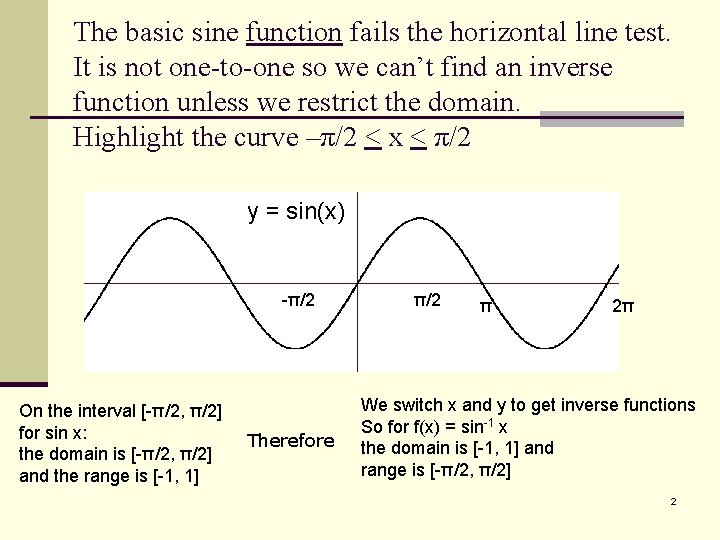 The basic sine function fails the horizontal line test. It is not one-to-one so