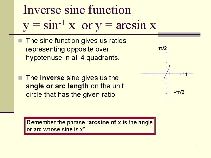 Inverse sine function y = sin-1 x or y = arcsin x n The