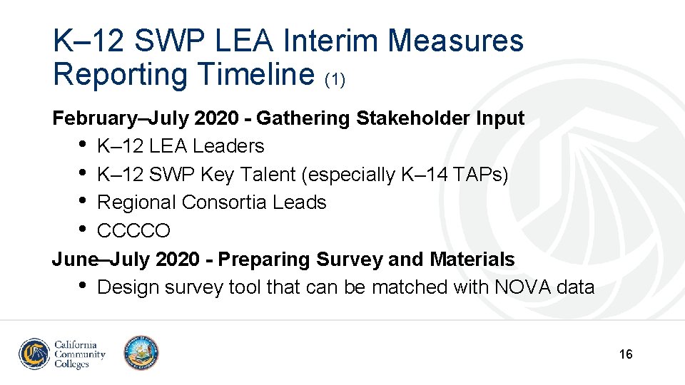 K– 12 SWP LEA Interim Measures Reporting Timeline (1) February–July 2020 - Gathering Stakeholder K– 12 SWP LEA Interim Measures Reporting Timeline (1) February–July 2020 - Gathering Stakeholder
