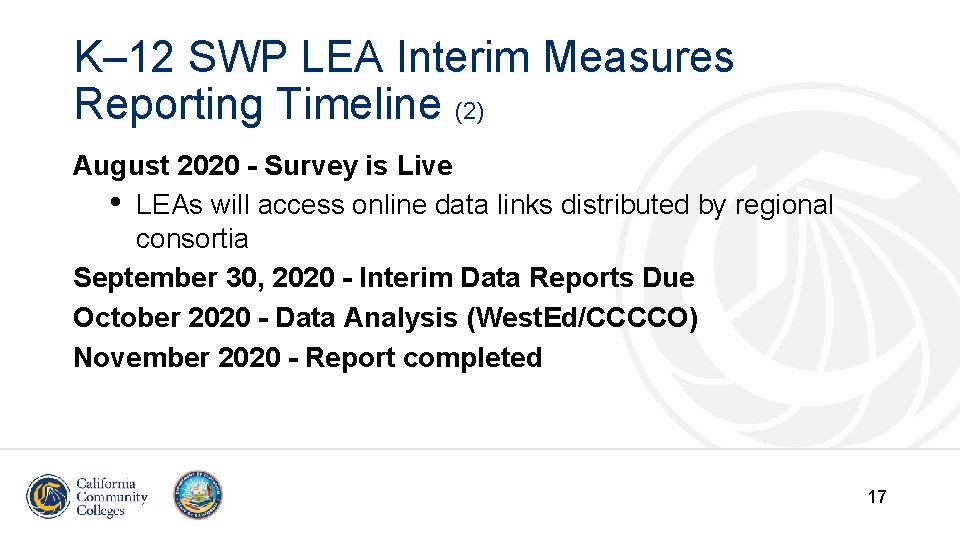 K– 12 SWP LEA Interim Measures Reporting Timeline (2) August 2020 - Survey is K– 12 SWP LEA Interim Measures Reporting Timeline (2) August 2020 - Survey is