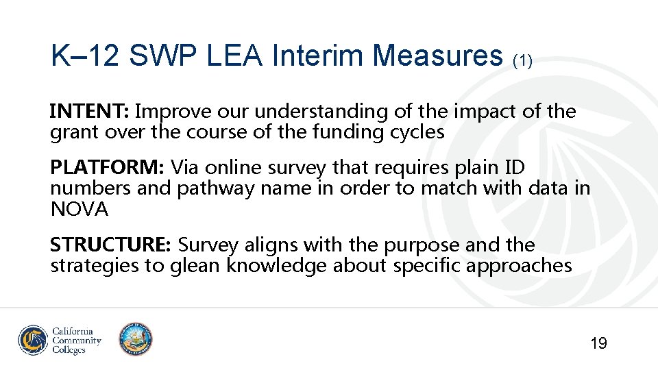 K– 12 SWP LEA Interim Measures (1) INTENT: Improve our understanding of the impact K– 12 SWP LEA Interim Measures (1) INTENT: Improve our understanding of the impact
