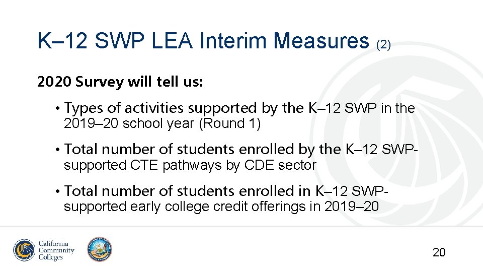 K– 12 SWP LEA Interim Measures (2) 2020 Survey will tell us: • Types K– 12 SWP LEA Interim Measures (2) 2020 Survey will tell us: • Types