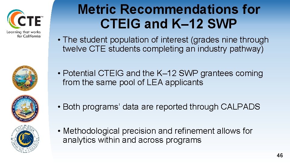 Metric Recommendations for CTEIG and K– 12 SWP • The student population of interest Metric Recommendations for CTEIG and K– 12 SWP • The student population of interest