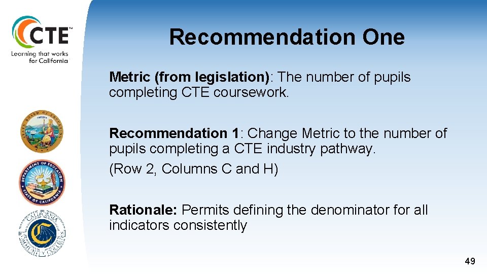 Recommendation One Metric (from legislation): The number of pupils completing CTE coursework. Recommendation 1: Recommendation One Metric (from legislation): The number of pupils completing CTE coursework. Recommendation 1: