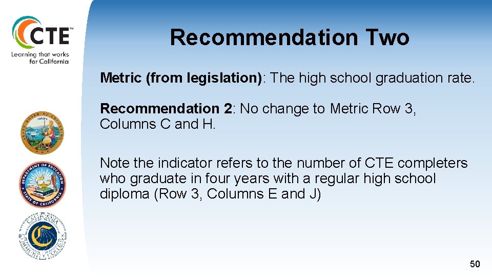 Recommendation Two Metric (from legislation): The high school graduation rate. Recommendation 2: No change Recommendation Two Metric (from legislation): The high school graduation rate. Recommendation 2: No change