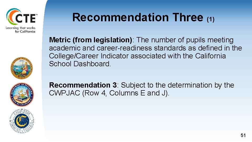 Recommendation Three (1) Metric (from legislation): The number of pupils meeting academic and career-readiness Recommendation Three (1) Metric (from legislation): The number of pupils meeting academic and career-readiness