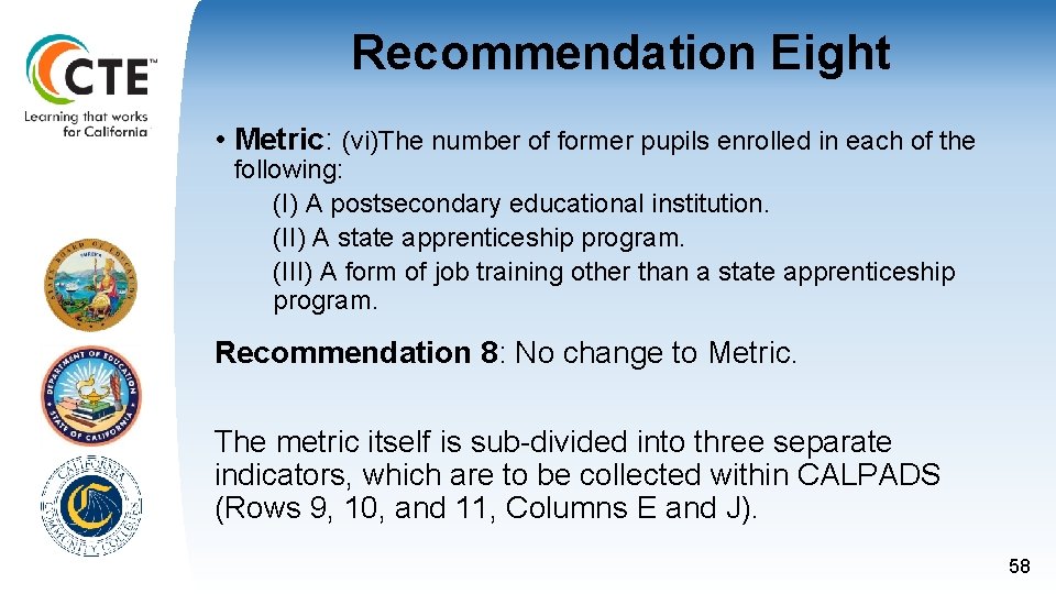 Recommendation Eight • Metric: (vi)The number of former pupils enrolled in each of the Recommendation Eight • Metric: (vi)The number of former pupils enrolled in each of the