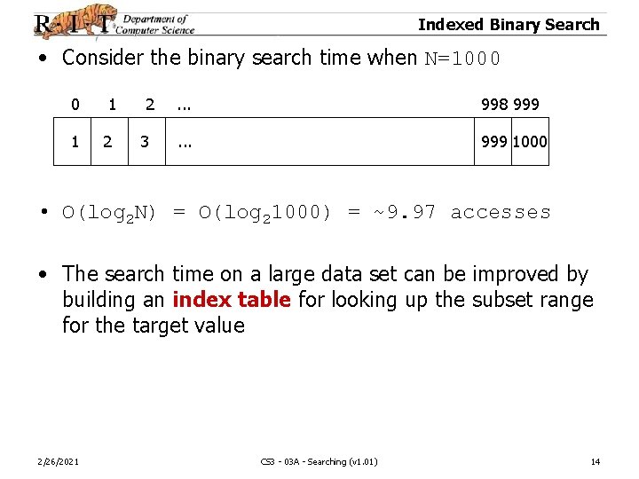 Indexed Binary Search • Consider the binary search time when N=1000 0 1 1