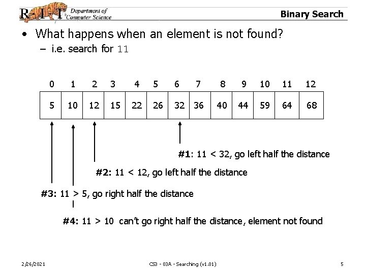 Binary Search • What happens when an element is not found? – i. e.
