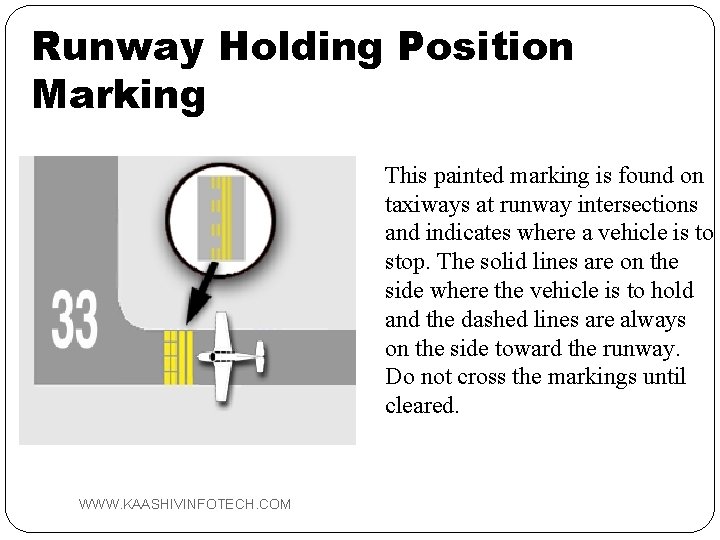 Runway Holding Position Marking This painted marking is found on taxiways at runway intersections
