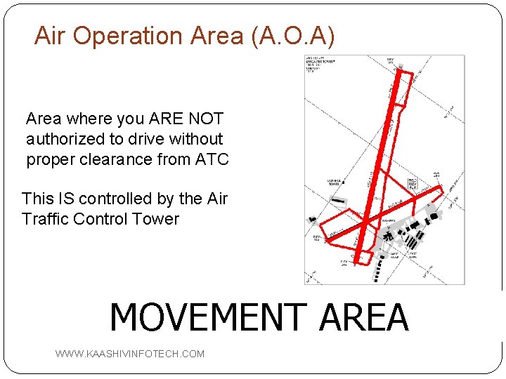 Air Operation Area (A. O. A) Area where you ARE NOT authorized to drive