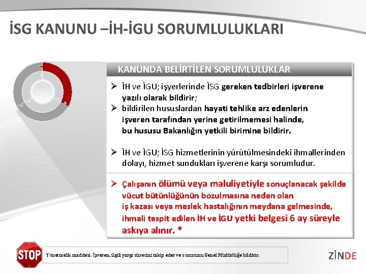KANUNDA BELİRTİLEN SORUMLULUKLAR Ø İH ve İGU; işyerlerinde İSG gereken tedbirleri işverene yazılı olarak KANUNDA BELİRTİLEN SORUMLULUKLAR Ø İH ve İGU; işyerlerinde İSG gereken tedbirleri işverene yazılı olarak