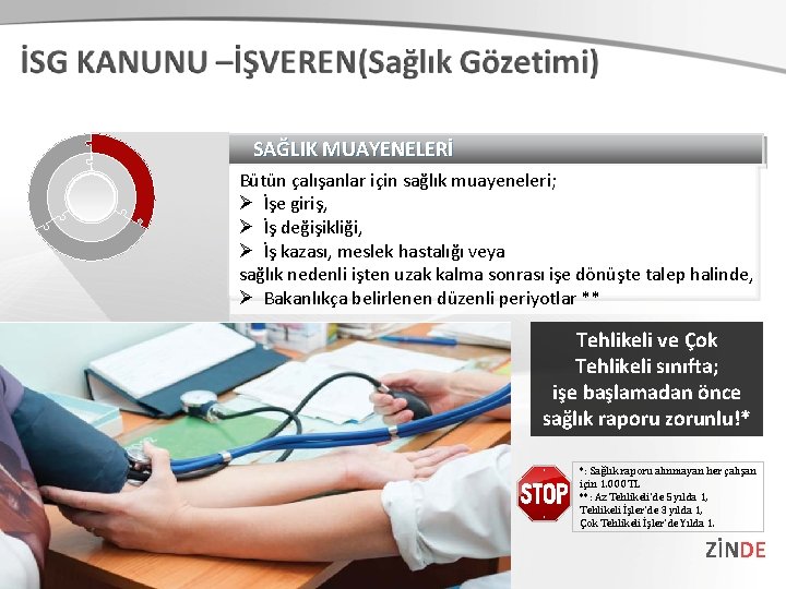 SAĞLIK MUAYENELERİ Bütün çalışanlar için sağlık muayeneleri; Ø İşe giriş, Ø İş değişikliği, Ø SAĞLIK MUAYENELERİ Bütün çalışanlar için sağlık muayeneleri; Ø İşe giriş, Ø İş değişikliği, Ø