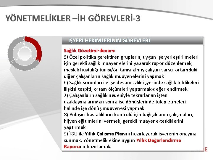 İŞYERİ HEKİMLERİNİN GÖREVLERİ Sağlık Gözetimi-devam: 5) Özel politika gerektiren grupların, uygun işe yerleştirilmeleri için İŞYERİ HEKİMLERİNİN GÖREVLERİ Sağlık Gözetimi-devam: 5) Özel politika gerektiren grupların, uygun işe yerleştirilmeleri için
