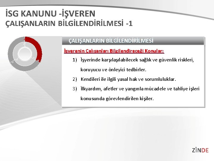 ÇALIŞANLARIN BİLGİLENDİRİLMESİ İşverenin Çalışanları Bilgilendireceği Konular: 1) İşyerinde karşılabilecek sağlık ve güvenlik riskleri, koruyucu ÇALIŞANLARIN BİLGİLENDİRİLMESİ İşverenin Çalışanları Bilgilendireceği Konular: 1) İşyerinde karşılabilecek sağlık ve güvenlik riskleri, koruyucu