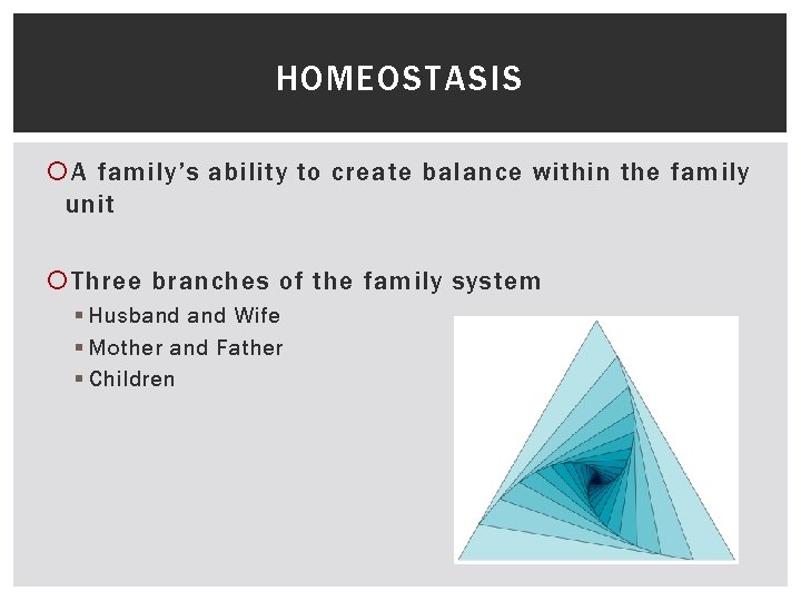 HOMEOSTASIS A family’s ability to create balance within the family unit Three branches of