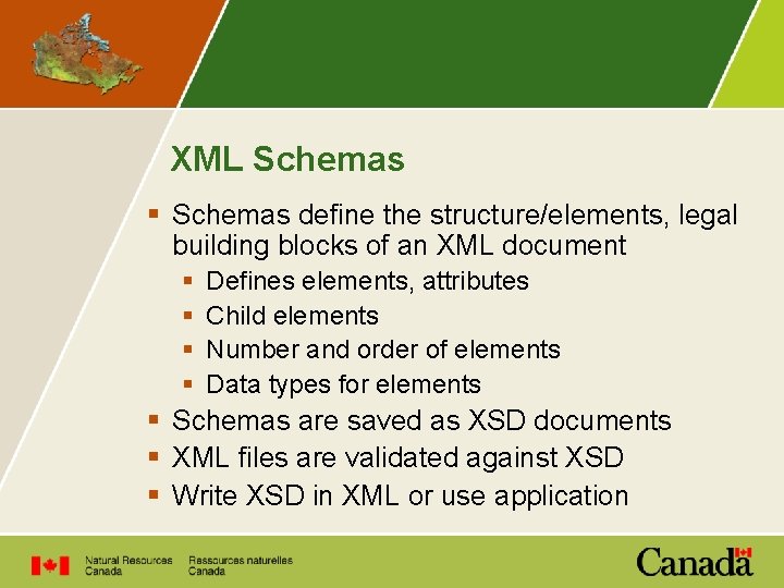 XML Schemas § Schemas define the structure/elements, legal building blocks of an XML document
