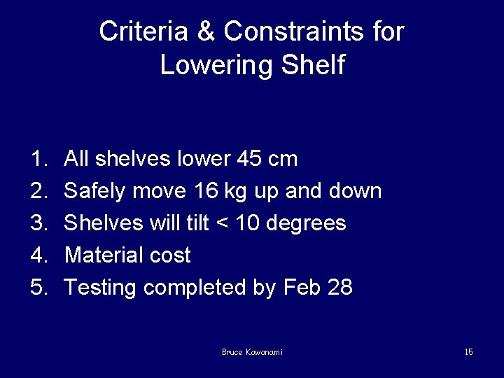 Criteria & Constraints for Lowering Shelf 1. 2. 3. 4. 5. All shelves lower