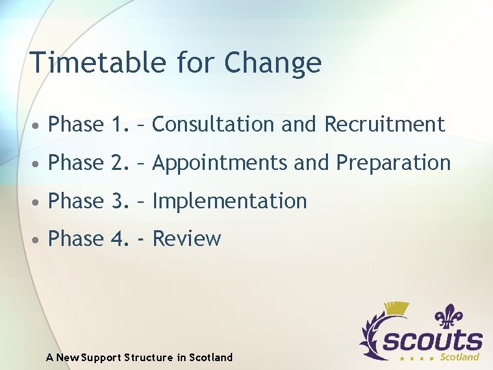 Timetable for Change • Phase 1. – Consultation and Recruitment • Phase 2. –