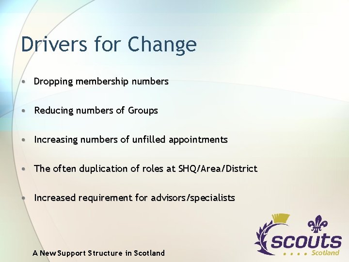 Drivers for Change • Dropping membership numbers • Reducing numbers of Groups • Increasing