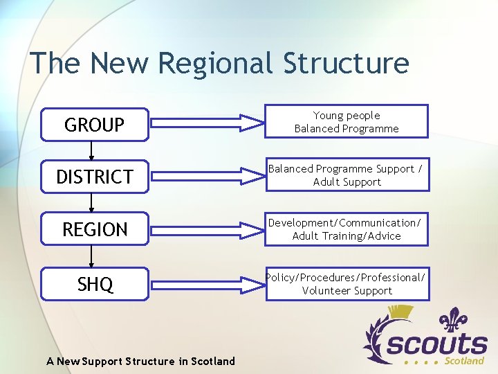 The New Regional Structure GROUP Young people Balanced Programme DISTRICT Balanced Programme Support /